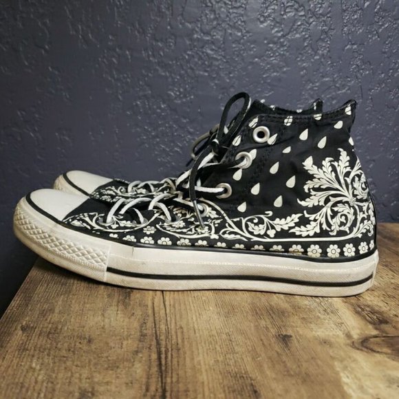 RARE Converse All Star High Top Shoes Black White Flowers Rain Drops, Women's 8 - Picture 1 of 11